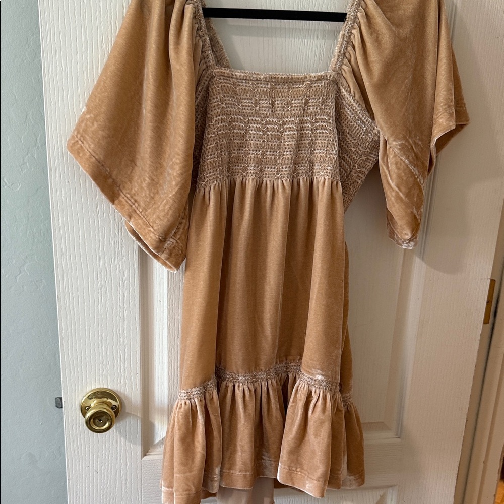 Free People Beige Velvet Smocked Dress